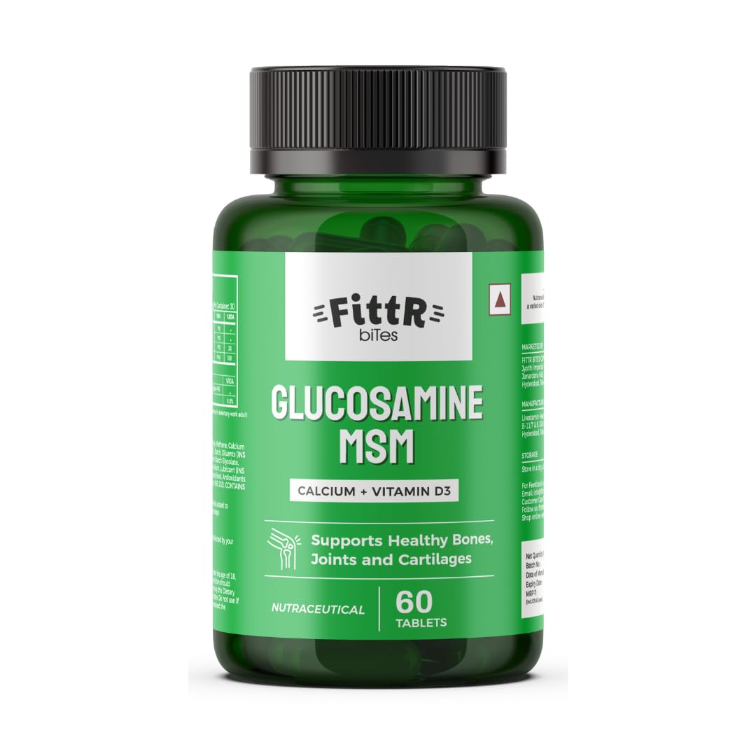 FittR Bites Glucosamine Tablets for Joint Support Supplement| with MSM Calcium & Vitamin D3 | Cartilage and Bone Health supplement, 60 Tablets, (Pack of 1, 60)