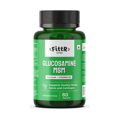 FittR Bites Glucosamine Tablets for Joint Support Supplement| with MSM Calcium & Vitamin D3 | Cartilage and Bone Health supplement, 60 Tablets, (Pack of 1, 60)
