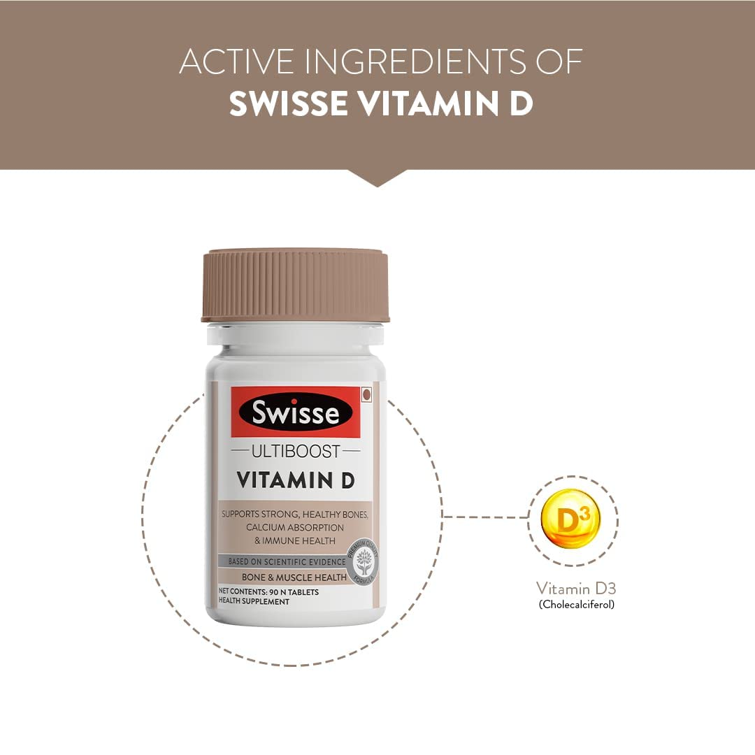 Swisse Vitamin D - 100% RDA of Vitamin D3 (Manufactured In Australia, Internationally Proven Formula) High Absorption Vitamin D3 For Healthy Bones, Immunity & Strong Muscles (90 Tablets)