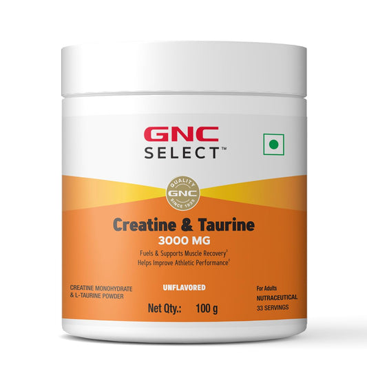 GNC Pure Micronized Creatine Monohydrate + Taurine | 100 gm | 33 Serving | Unflavoured | Instantized | Fuels Muscles | Increase Muscle Mass | Rapid Absorption | Faster Muscle Building| Lab Tested | Faster Muscle Recovery| Boost Performance | Imported