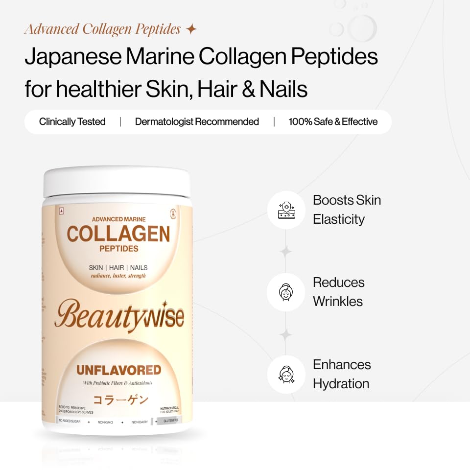 Beautywise Advanced Hydrolyzed Japanese Marine Collagen with Glutathione | For Radiance, Hydration, Youthful Skin | Fast-Absorbing 200gm, Clinically Proven | Skin, Hair & Nails | Unflovoured (25 Servings)
