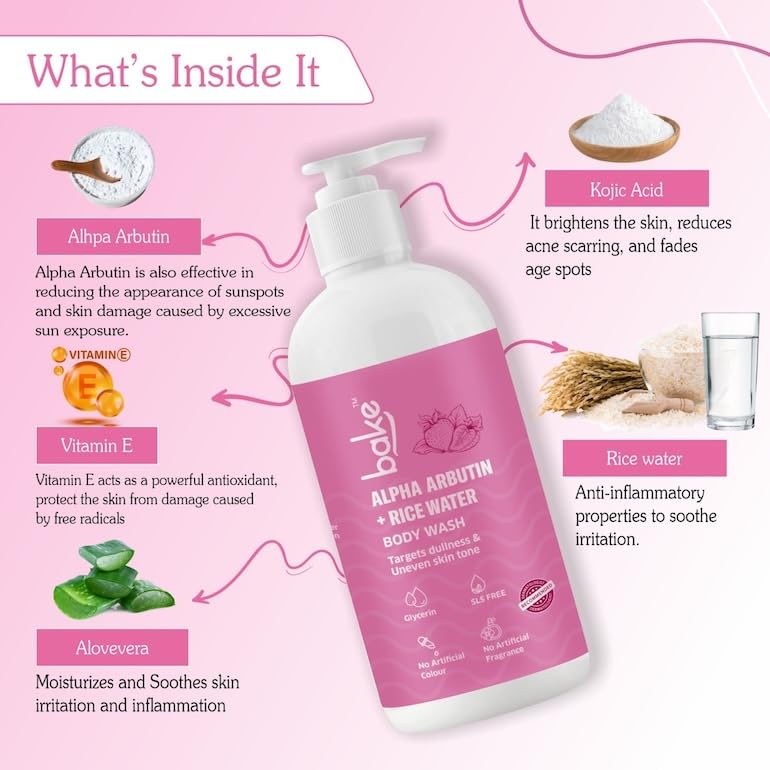 BAKE Alpha Arbutin Body Wash for Dark Spots & Uneven Skin Tone With Rice Water | Brightens Skin & Reduces Pigmentation | For Women & Men | 250ml