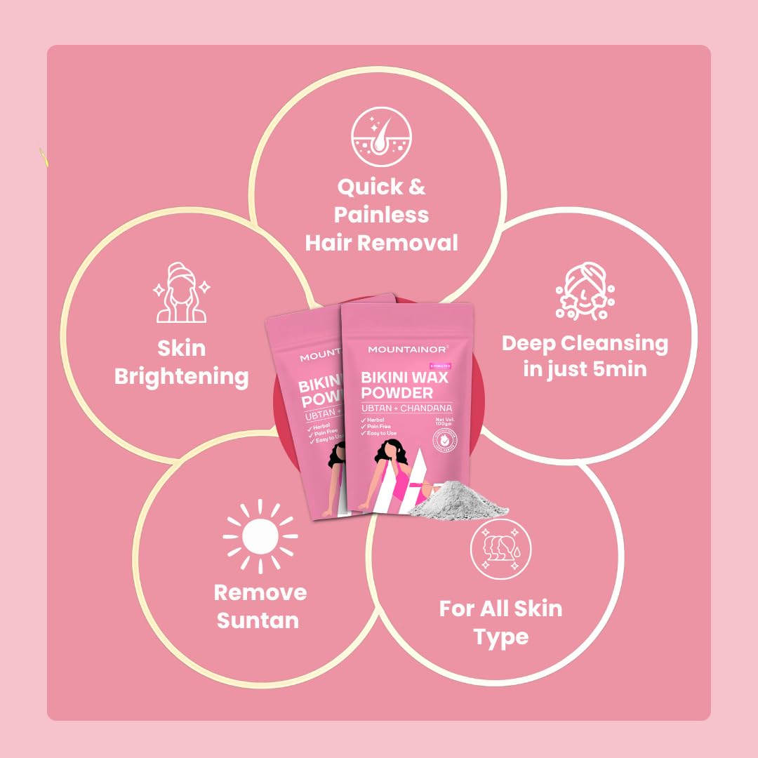 MOUNTAINOR Bikini Wax Powder, Painless Non Strips 10 Min for Women with Chandan & Aloevera | Herbal Hair Removal Easy to use at home, No Harmful Chemicals, No Irritation, No Skin Rashes - 100 gm