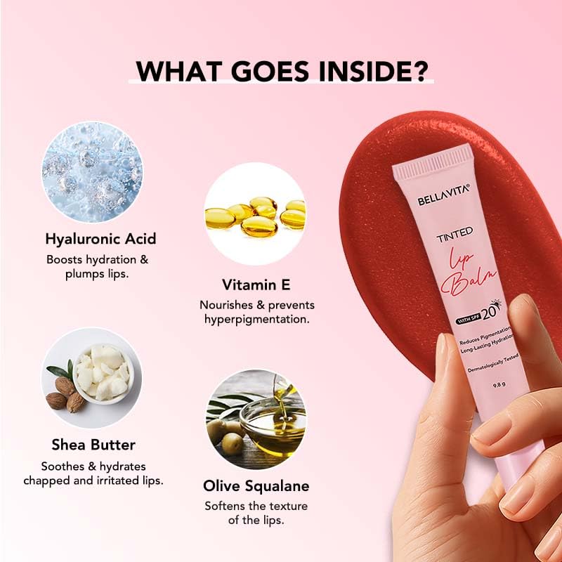 Bellavita Tinted Lip Balm | SPF 20 Protection | Fades Pigmentation and Brightens Lips | Gives upto 12 hours intense hydrateion | Dermatologically Tested | 10ml, Raspberry