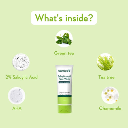 WishCare Salicylic Acid Face Wash For Women & Men | Reduces Acne & Controls Oil | With AHA, Green Tea, Chamomile & Tea Tree | Salicylic Acid Face Wash For Oily Skin & Acne Prone Skin | 100ml