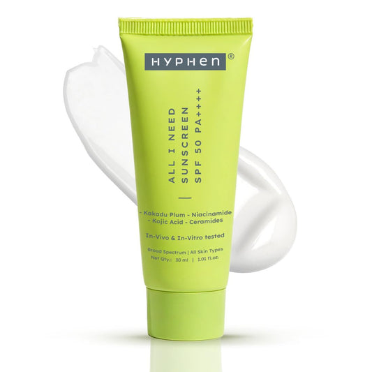 Hyphen All I Need Sunscreen SPF 50 PA++++ | With New-Gen UV Filters | No White Cast | In-Vivo Tested | Brightens,Hydrates| Lightweight Non-Greasy UVA/UVB Protection | For All Skin Types | Women & Men | 30ml