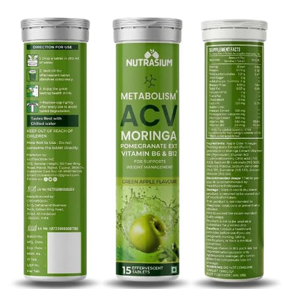 Nutrasium ACV Moringa Metabolism Plus | Apple Cider Vinegar Effervescent Tablet | For Supports Weight Loss, Control Cravings, Convert Fat Into Energy, Boost Energy & Immunity | 15 Tablets Green Apple