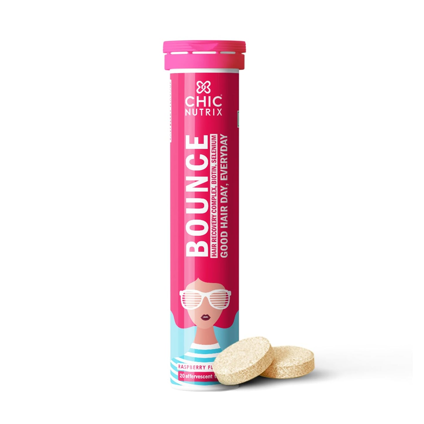 CHICNUTRIX Bounce|20 Raspberry Flavoured Effervescent Tablet|Biotin With Selenium & Amino Acids-Hair Fall & Hair Growth Management Thick Hair - Frizz-Free Hair- Hair Fall Control Supplement,100 grams