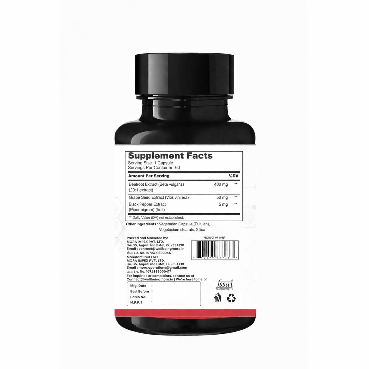 MORA Beetroot Capsules 20:1 Extract | Ayurvedic Beet Root Supplement with Grape Seed & Black Pepper Extract | Nitric Oxide, Blood Flow & Heart Health Support | For Energy, Stamina & Gym Performance | 60 Vegan Capsules
