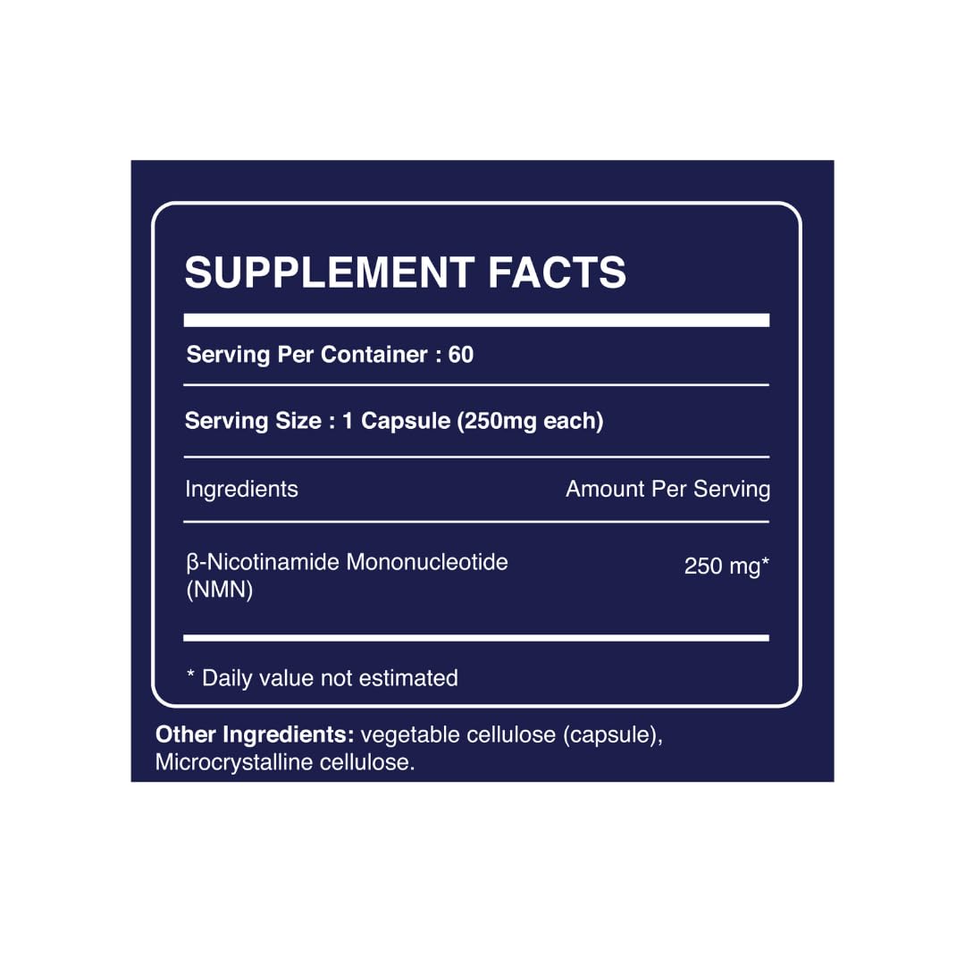 NMN Supplement | 60 Veg Capsules | 250mg Beta NMN | NAD+ Booster | 99% Pure for Energy, Strength & Focus, Healthy Aging