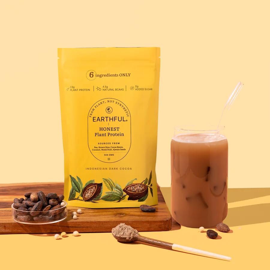 Earthful Honest Plant Protein | 24g Protein/Serving & 4.9g BCCAs | For Weight Management, Energy, Muscle Support & Recovery | Made with Pea & Brown Rice | Indonesian Cocoa - 504g