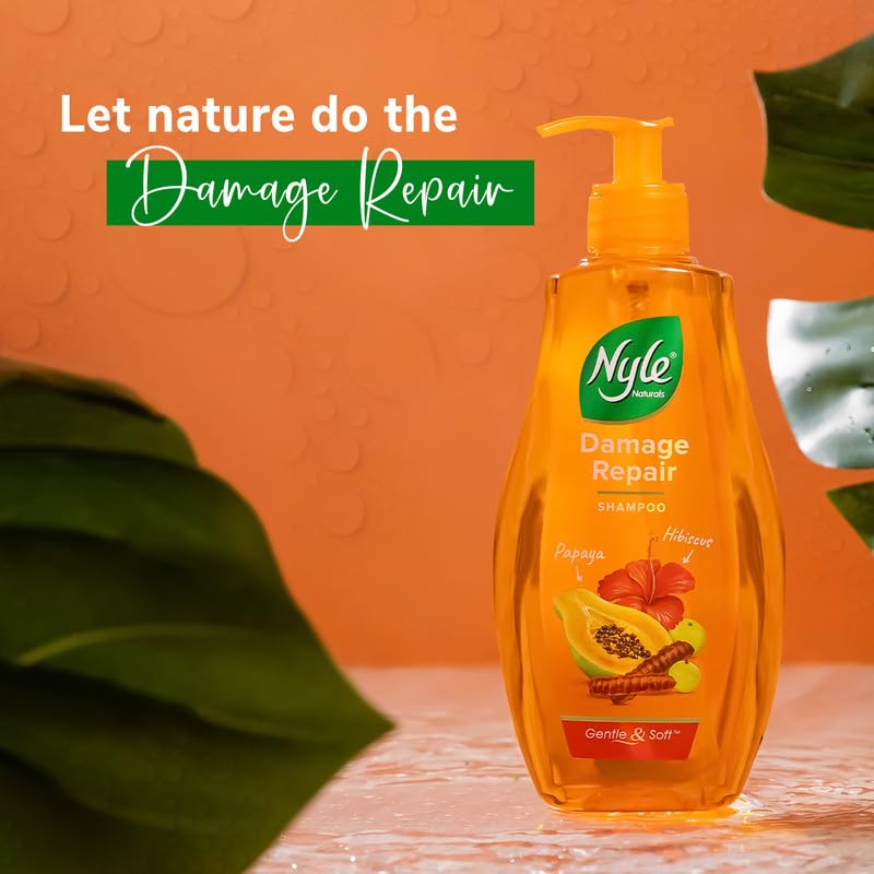 Nyle Naturals Damage Repair Shampoo 1 L | Hair Repairing with Papaya, Hibiscus, & Shikakai | pH Balanced & Paraben Free Gentle & Soft Shampoo For Women & Men