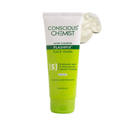 Conscious ChemistÂ® 2% Salicylic Acid Face Wash | 100ml | Face Wash for Oily & Acne Prone Skin for Men & Women, Glycolic Acid & CICA Extract, For Glowing & Radiant Skin, Vegan & Cruelty Free - Flashfix