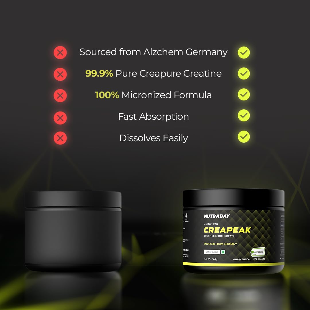 Nutrabay CreaPeak Creatine Monohydrate - 100g, Unflavoured | Powered by Creapure from AlzChem, Germany | 99.9% Pure Micronized Form for Faster Absorption