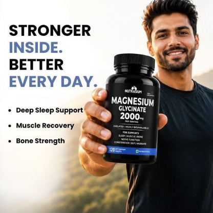 Nutrasium | Magnesium Glycinate 2000 mg | Chealated Magnesium Supplement For Natural Sleep, Muscle Relaxation, Nerve Function, Heart & Bone Health, Stress & Calmness | 120 Tablets