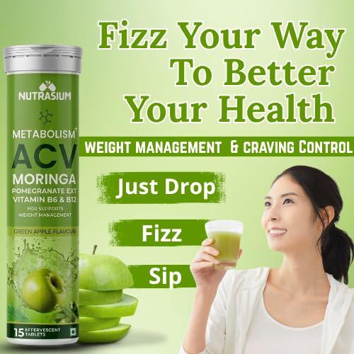 Nutrasium ACV Moringa Metabolism Plus | Apple Cider Vinegar Effervescent Tablet | For Supports Weight Loss, Control Cravings, Convert Fat Into Energy, Boost Energy & Immunity | 15 Tablets Green Apple