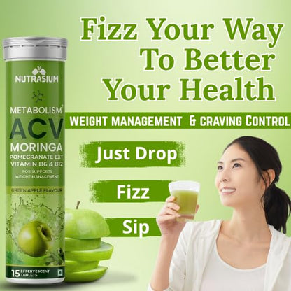 Nutrasium ACV Moringa Metabolism Plus | Apple Cider Vinegar Effervescent Tablet | For Supports Weight Loss, Control Cravings, Convert Fat Into Energy, Boost Energy & Immunity | 15 Tablets Green Apple