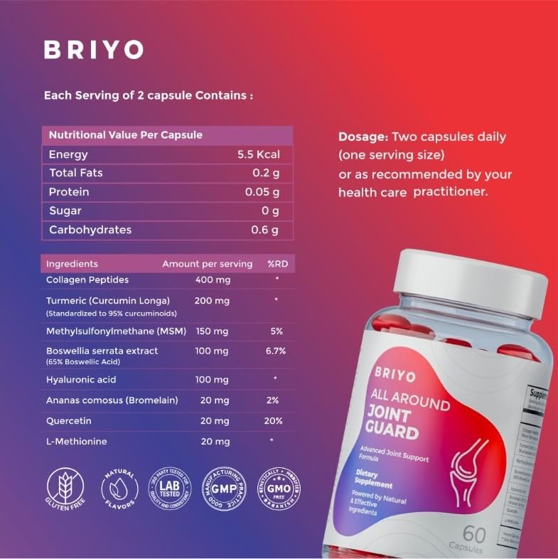 Briyo Joint Health Supplement All Around Joint Guard- with Collagen, Hyaluronic Acid, MSM & Boswellia, Quercetin, Bromelain and more for Cartilage, Joint Health & Flexibility, 60 Capsules