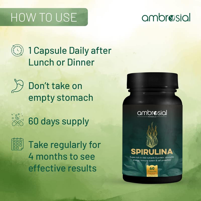 Ambrosial Spirulina Capsule High Strength 500 mg EACH Capsule | Certified Spirulina Tablets for Energy and Immunity | Richest Source of Protein (Pack of 1-60 Capsules)