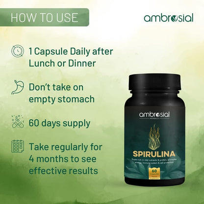 Ambrosial Spirulina Capsule High Strength 500 mg EACH Capsule | Certified Spirulina Tablets for Energy and Immunity | Richest Source of Protein (Pack of 1-60 Capsules)