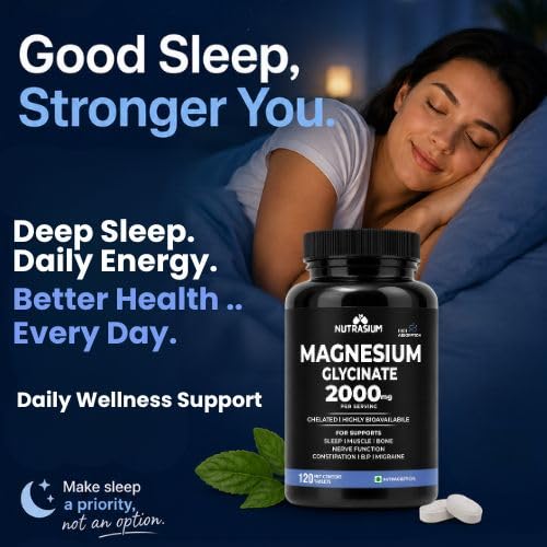 Nutrasium | Magnesium Glycinate 2000 mg | Chealated Magnesium Supplement For Natural Sleep, Muscle Relaxation, Nerve Function, Heart & Bone Health, Stress & Calmness | 120 Tablets