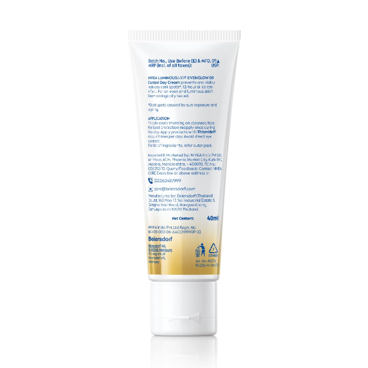 NIVEA Luminous Even Glow Oil Control Day Cream & Moisturizer For Face,Spf 50 With Uv Protection&UVA UVB Filters,Thiamidol,Hyaluronic Acid,Vitamin E For Dark Spots Reduction&Deep Moisturization,40Ml