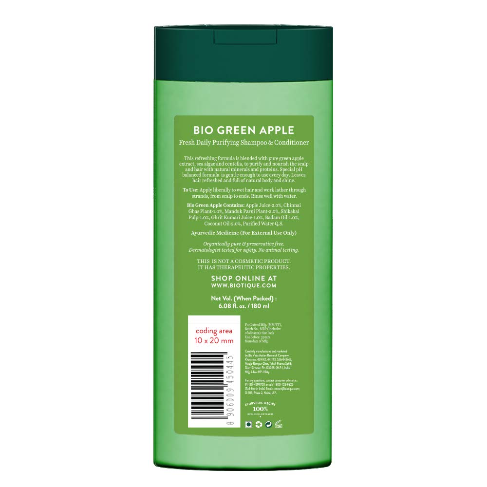 Biotique Bio Green Apple Fresh Daily Purifying Shampoo and Conditioner for Oily Scalp and Hair, 180m And Biotique Bio Green Apple Fresh Daily Purifying Shampoo And Conditioner, 190ml