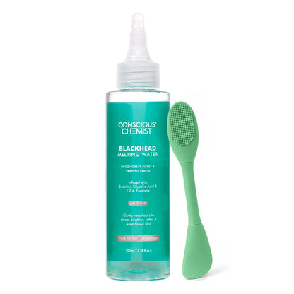 Conscious ChemistÂ® Blackhead Melting Water 130ml + Silicone Brush | Gentle Pore Treatment with Succinic, Glycolic Acid & CICA Exosome | Unclogs Pores, Removes Blackheads & Smoothens Skin | For Men & Women