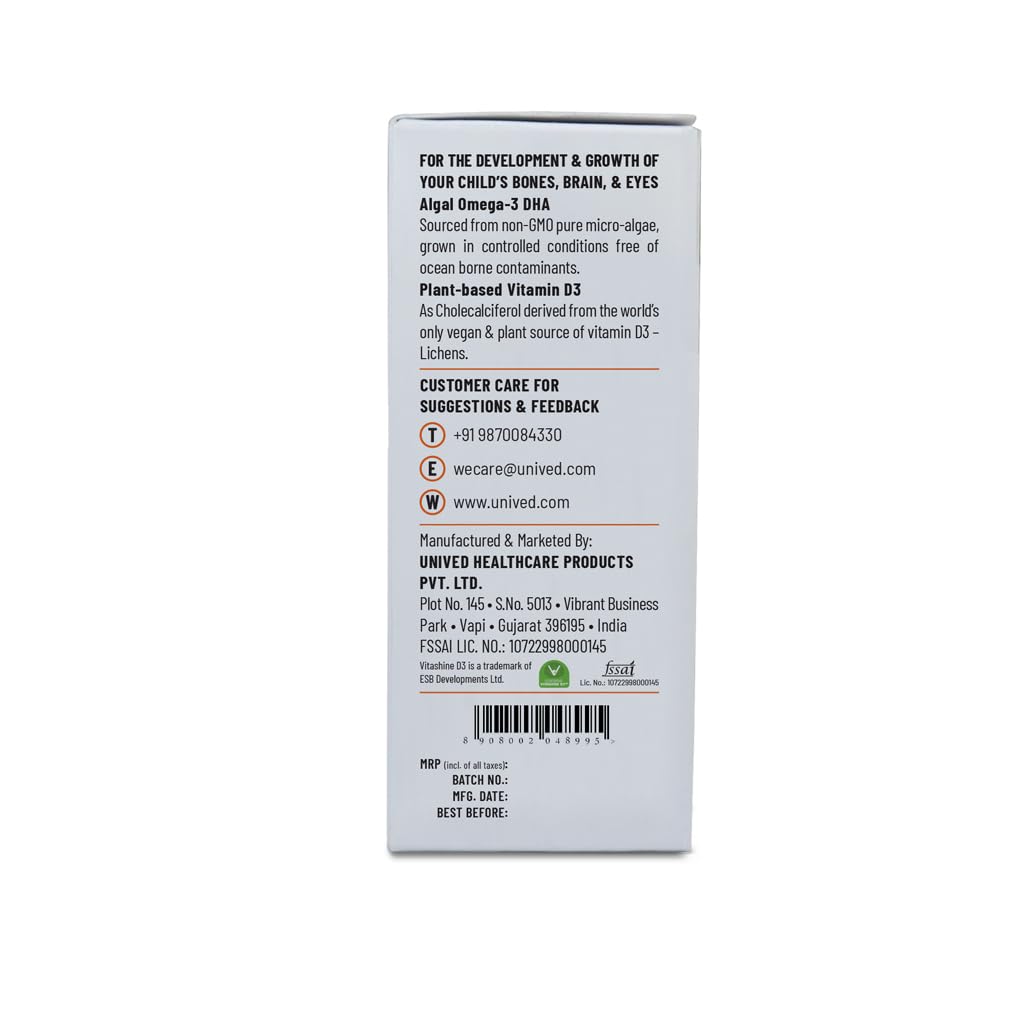 Unived Ovegha D3 Kids, Vegan Algae Omega-3 DHA with Plant-Based Vitamin D3, 250mg DHA & 600 I.U. D3, Liquid Dropper, Natural Orange Flavour, 30 servings