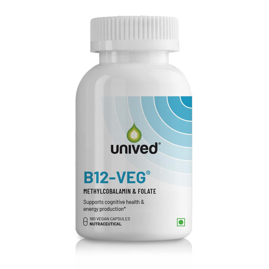 Unived Vitamin B12 Veg, Methylcobalamin (98%), with Methyltetrahydrofolate (5-MTHF), Brain Cells & Nerve Tissue Support, 180 Vegan Capsules