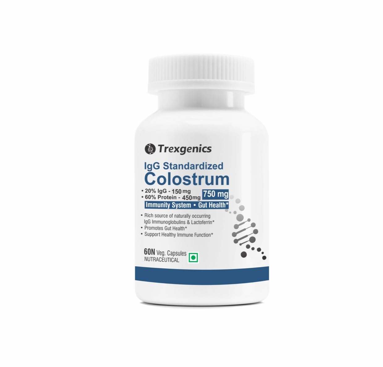 Trexgenics COLOSTRUM 750 mg, 20% IgG, 60% Protein, Immunity, Gut Health Support VEGETARIAN & NON-GMO (60 Veg. Capsules) (Pack of 1)