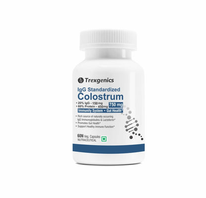 Trexgenics COLOSTRUM 750 mg, 20% IgG, 60% Protein, Immunity, Gut Health Support VEGETARIAN & NON-GMO (60 Veg. Capsules) (Pack of 1)
