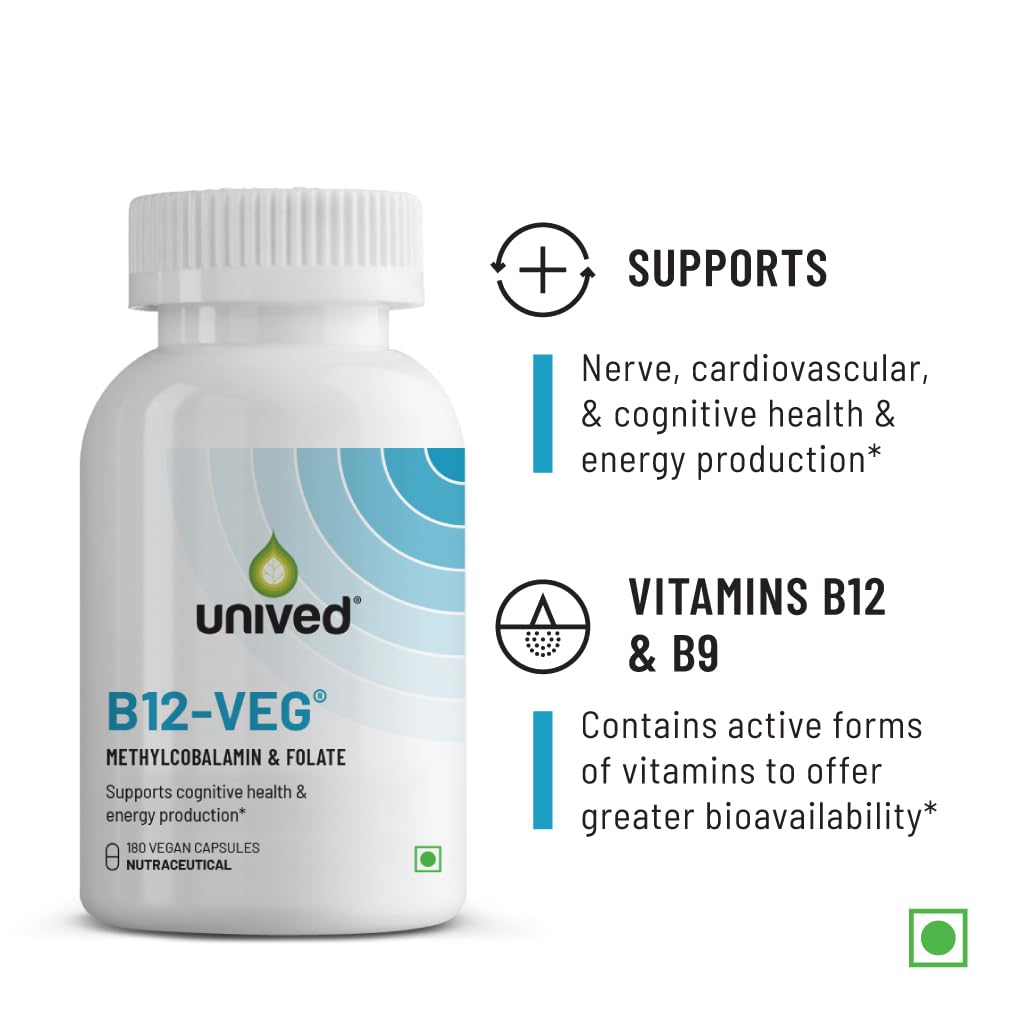 Unived Vitamin B12 Veg, Methylcobalamin (98%), with Methyltetrahydrofolate (5-MTHF), Brain Cells & Nerve Tissue Support, 180 Vegan Capsules
