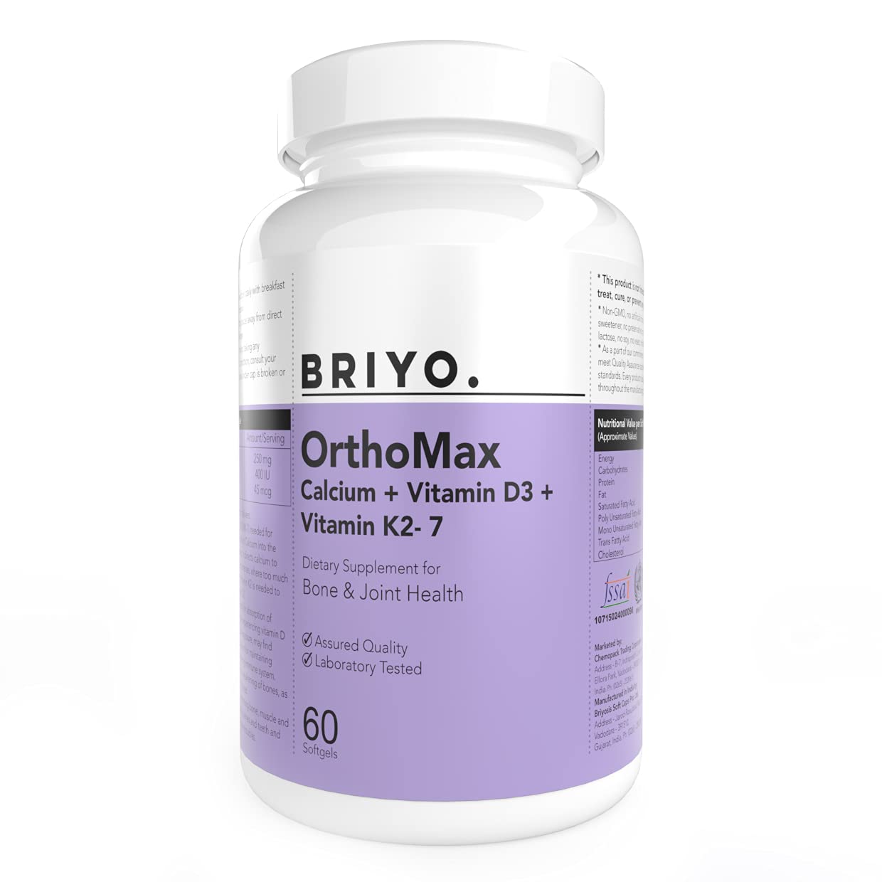 Briyosis Orthomax - Vitamin D3 & K2-M7 + Calcium Dietary Supplement for Bone Health, Stronger Bones, Teeth, Muscles & Immunity Calcium Supplement Absorption