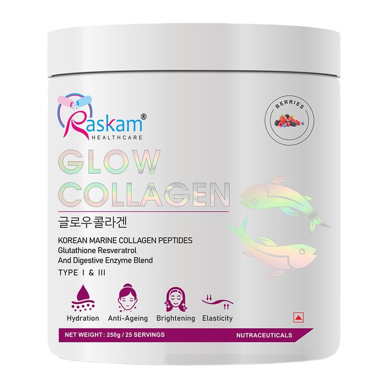 Glow Collagen Powder 250Gm, 25 Servings | Korean Marine Flavored Collagen for Women & Men (Mix Berry)