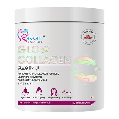 Glow Collagen Powder 250Gm, 25 Servings | Korean Marine Flavored Collagen for Women & Men (Mix Berry)