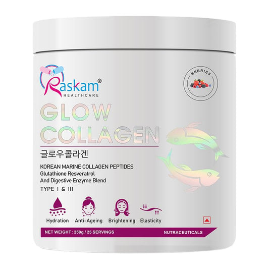 Raskam Glow Collagen Powder 250gm of 25 Servings | Korean Marine Flavored (Mix Berry) Collagen Powder Supplements for Women & Men