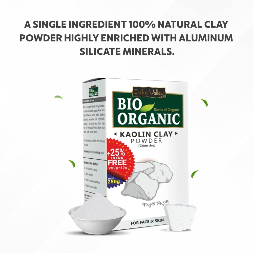 INDUS VALLEY Bio Organic Kaolin Powder | China clay For Skin Face Mask - (200g+50g)