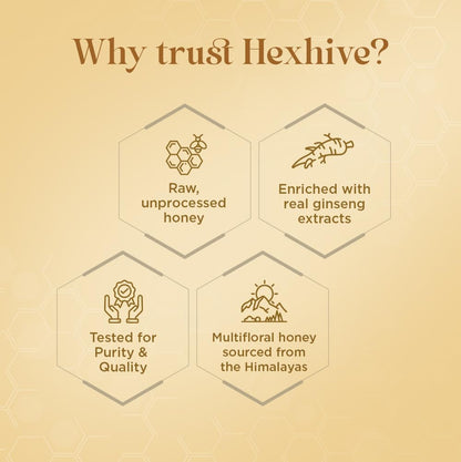 Hexhive Ginseng Honey | Raw Honey Infused with Ginseng Extract | Ayurvedic Energy & Stamina Booster | Immunity, Focus & Vitality Support | Natural Sweetener | No Added Sugar | 250g