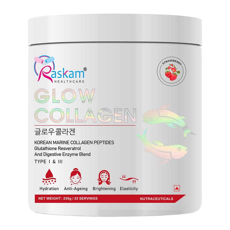 Glow Collagen Powder 250gm of 25 Servings | Korean Marine Flavored (Strawberry) Collagen Powder Supplements for Women & Men