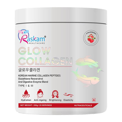Glow Collagen Powder 250gm of 25 Servings | Korean Marine Flavored (Strawberry) Collagen Powder Supplements for Women & Men