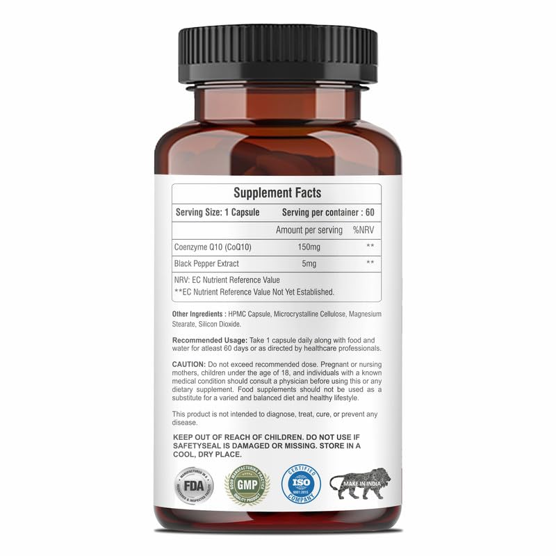 Coenzyme Q10 (CoQ10) 150 mg Veg Capsules With Black Pepper Extract | Energy & Heart Health Support | 60 Veg Capsules