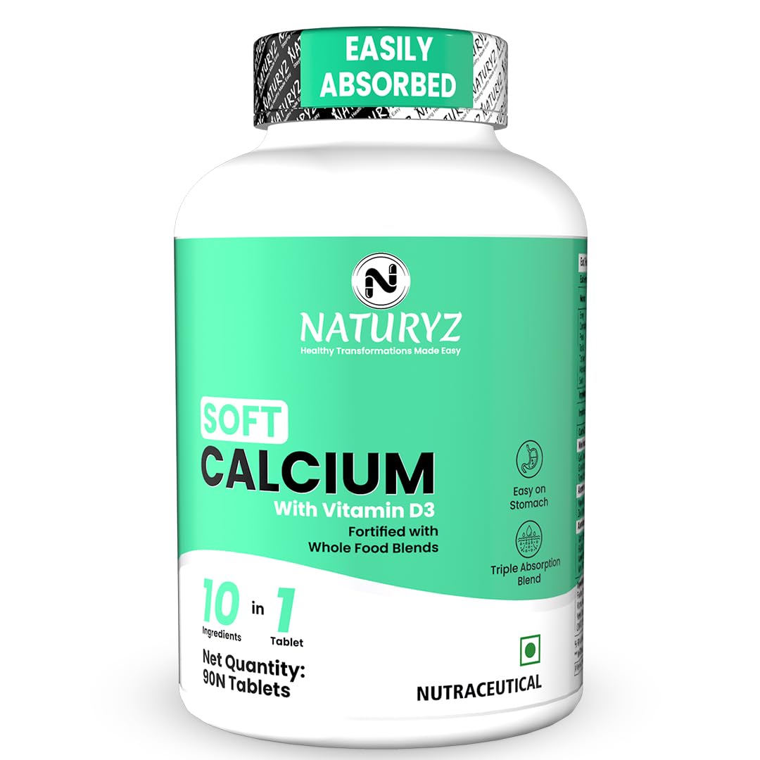 Naturyz Soft Calcium with Plant Vitamin D3 | Highest 10 Nutrients | Easy to Digest | Zinc | Magnesium | Fortified with Whole foods | Faster Absorption Triple Blend | Ideal Supplement for Bone Health & Joint Support - 90 Tablets