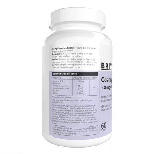 Briyosis CoenzymeQ10 + Omega 3-150 mg Omega 3 + 100 mg Omegas 3 with Lycopene and Selenium for Heart Health, Cellular Energy, Antioxidant Support
