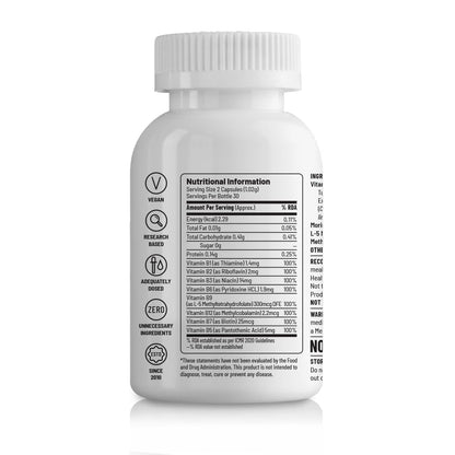 Unived Wholefood Natural B-Complex Raw B-Vitamins Capsule From Ferment Media 100% Natural & Vegan One Month Supply, 60 Count
