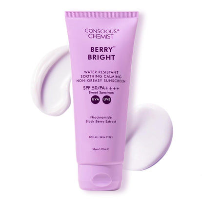 Conscious ChemistÂ® Sunscreen SPF 50 PA++++ In-Vivo Tested | 50g | Sunscreen for Oily Skin, Gel Sunscreen, Niacinamide with Black Berry Extract, Hybrid Lightweight, All Skin Types - Berry Bright