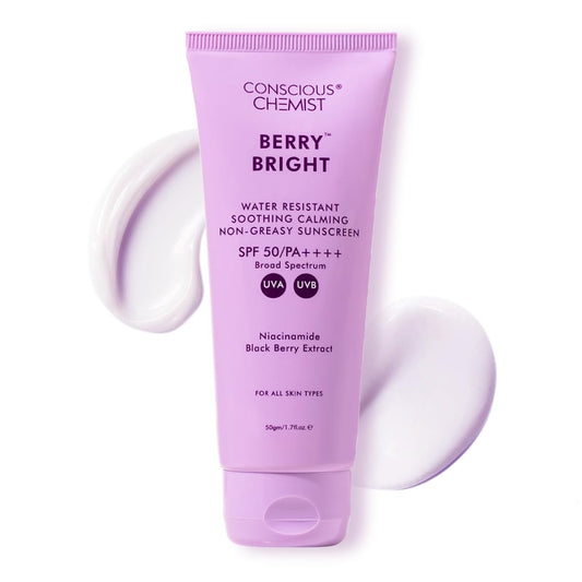 Conscious ChemistÂ® Sunscreen SPF 50 PA++++ In-Vivo Tested | 50g | Sunscreen for Oily Skin, Gel Sunscreen, Niacinamide with Black Berry Extract, Hybrid Lightweight, All Skin Types - Berry Bright