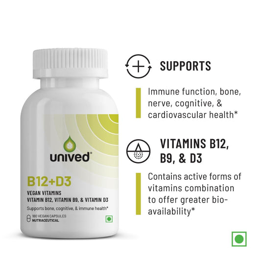 Unived B12+D3 | Methylcobalamin (98%), Methyltetrahydrofolate (5-MTHF), Vitamin D3 (Cholecalciferol) | Bone, Cognitive, Immune, & Cardiovascular Support | 180 Vegan Capsules