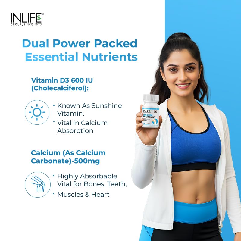 INLIFE Calcium and Vitamin D3 Tablets for Men Women | Calcium Carbonate Supplement for Bone and Joint Support - 60 Tablets (Pack of 1)
