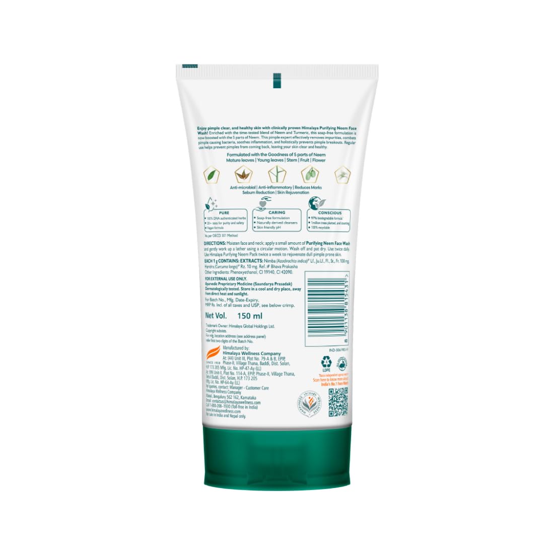 Himalaya Purifying Neem Face Wash, 150 ml | Soap Free | Paraben, Phthalates free | Best for Acne Prone Skin | Eliminates Pimples